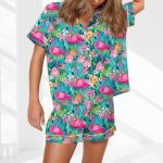 Preppy Tropical Flamingo Satin Pajama Set For Women