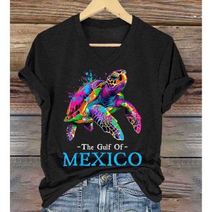 The Gulf Of Mexico Sea Turtle Printed V Neck T Shirt 5