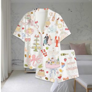 Whimsical Hand Drawn Watercolor Wedding Dolce Vita Summer Satin Pajama Set 1