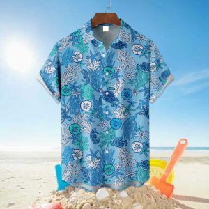 Marine Life Coral Sea Turtle Starfish Jellyfish Hawaiian Shirt 2