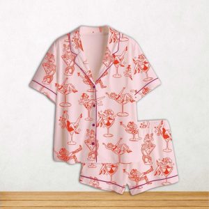 Cowgirl Girl Woman In Martini Glass Mermaid Catgirl In Glass Short Sleeve Satin Pajama Set For Women 1