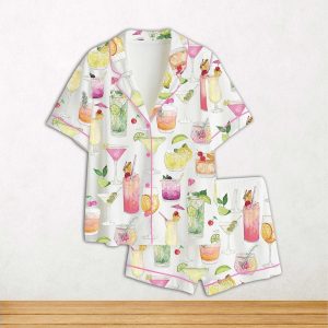 Summer Cocktail Wine Lovers Old Fashioned Short Sleeve Satin Pajama Set For Women 1