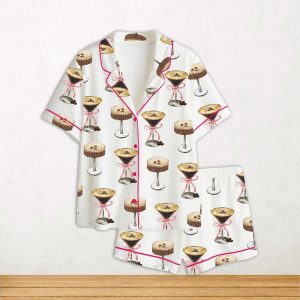 Espresso Martini Pink Bow Short Sleeve Satin Pajama Set For Women 1