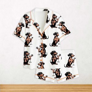 Martini Cocktail Lover Dachshund Cocktail Weenies Short Sleeve Satin Pajama Set For Women 1