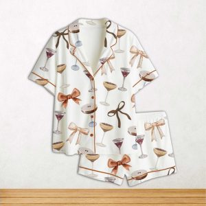 Espresso Martini Coquette Bow Short Sleeve Satin Pajama Set For Women 1