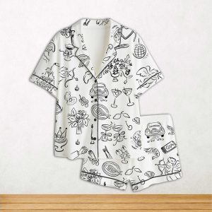 Whimsical Wedding Doodles For Wedding Print Short Sleeve Satin Pajama Set For Women 1