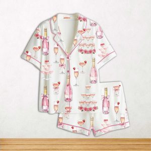 Pink Champagne Bridal Shower Champagne Tower Celebration Short Sleeve Satin Pajama Set For Women 2