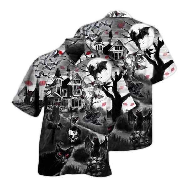 Black Cat Skull Bat Halloween Hawaiian Shirt 1