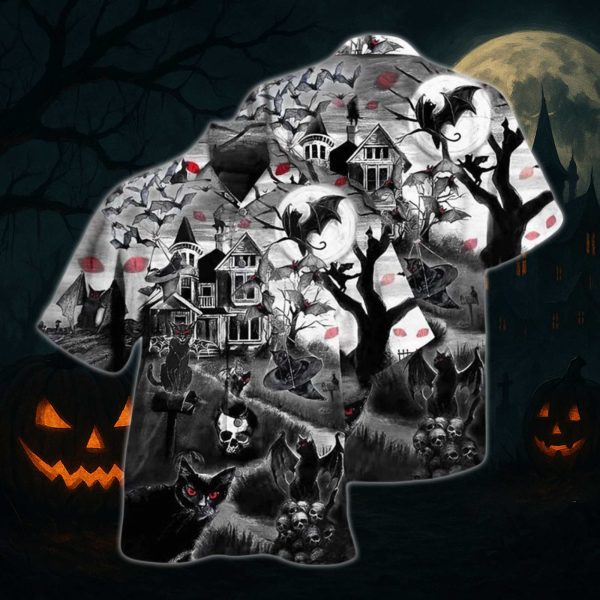 Black Cat Skull Bat Halloween Hawaiian Shirt 2