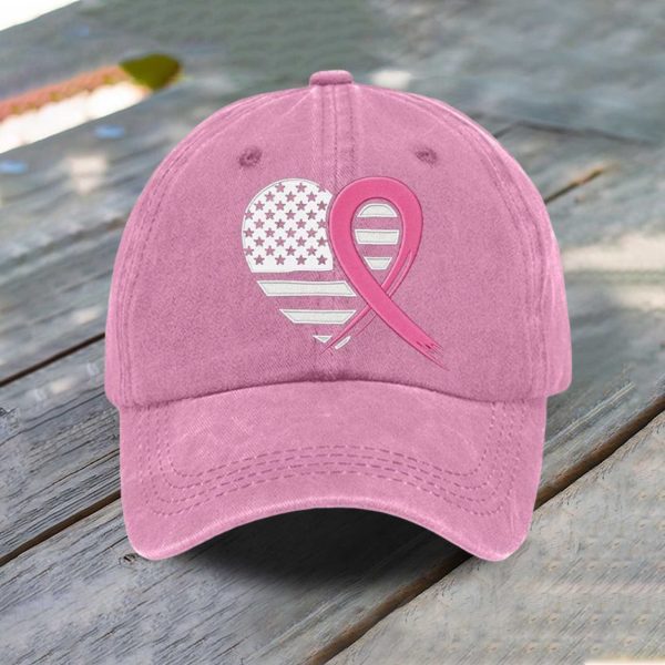 Breast Cancer Heart Ribbon Flag Baseball Cap 3