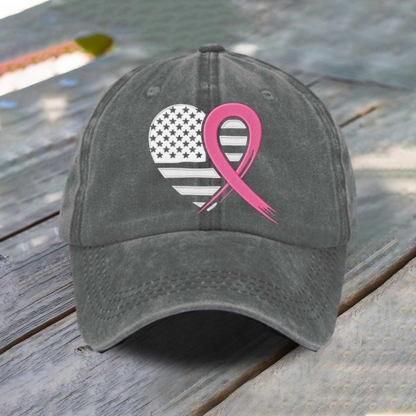 Breast Cancer Heart Ribbon Flag Baseball Cap 4