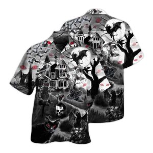 Black Cat Skull Bat Halloween Hawaiian Shirt 1