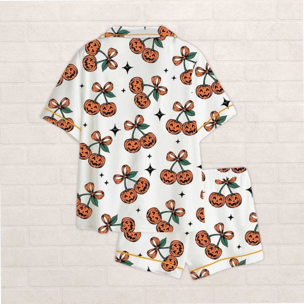 Pumpkin Cherries Coquette Bow Halloween Satin Pajama Set For Women