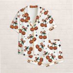 Pumpkin Cherries Coquette Bow Halloween Satin Pajama Set For Women