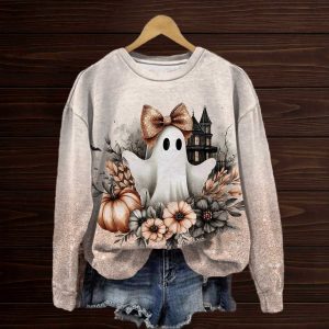 Cute Ghost With A Bow Round Neck Sweatshirt 1