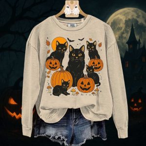 Black Cat Pumpkin Print Sweatshirt 1