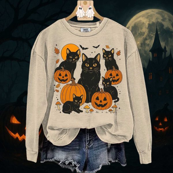 Black Cat Pumpkin Print Sweatshirt 1