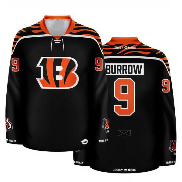 Cincinnati Bengals Black Joe Burrow Crossover Hockey Jersey 2025 1