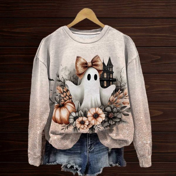 Cute Ghost With A Bow Round Neck Sweatshirt 1
