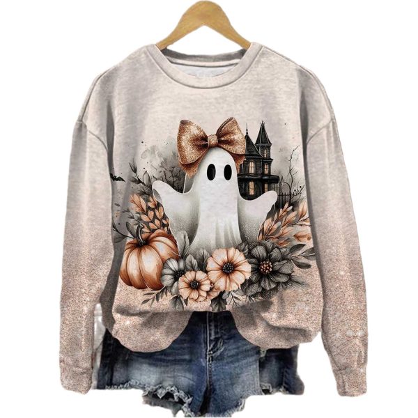 Cute Ghost With A Bow Round Neck Sweatshirt 2