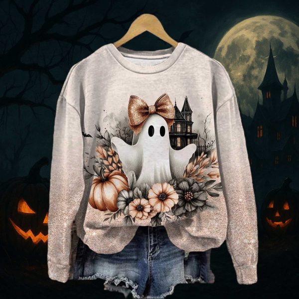 Cute Ghost With A Bow Round Neck Sweatshirt 3