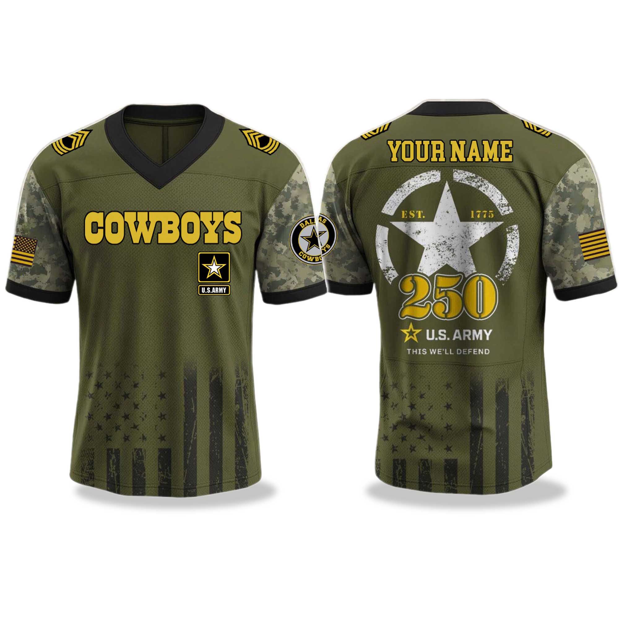 Dallas Cowboys US Army 250th Birthday V-neck Short Sleeve Jersey 2025 Dallas Cowboys US Army 250th Birthday V-neck Short Sleeve Jersey 2025