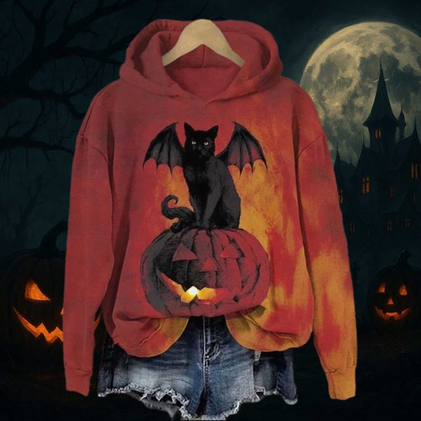 Halloween Dark Demon Black Cat Print Hoodie 1