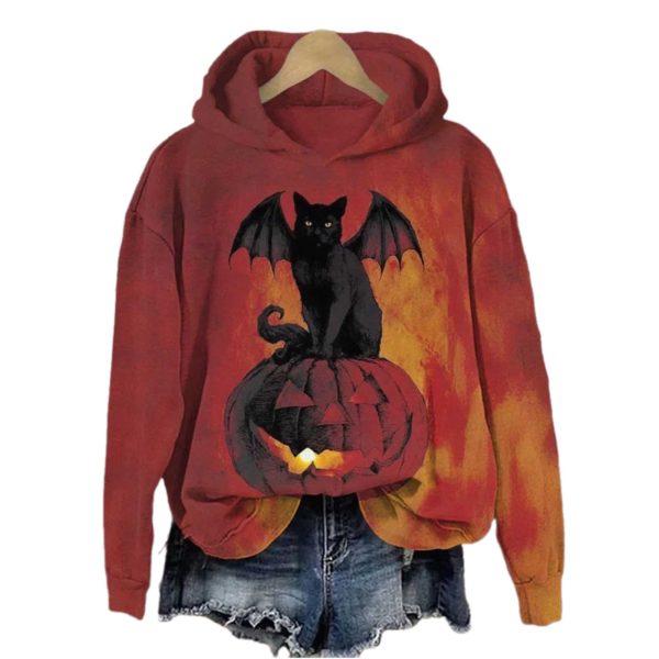 Halloween Dark Demon Black Cat Print Hoodie 2