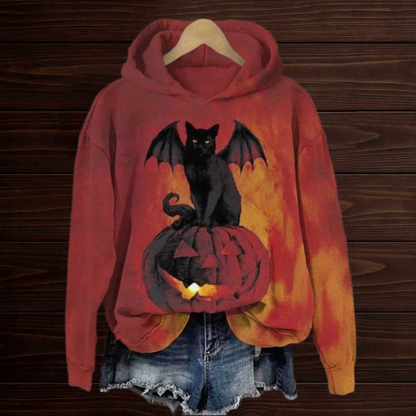 Halloween Dark Demon Black Cat Print Hoodie 3