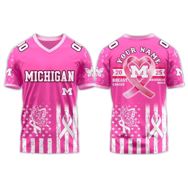 Michigan Wolverines Breast Cancer Awareness Month V neck Short Sleeve Jersey 2025 1