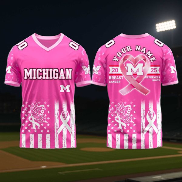 Michigan Wolverines Breast Cancer Awareness Month V neck Short Sleeve Jersey 2025 2