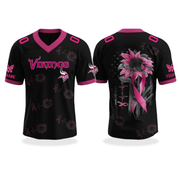 Minnesota Vikings Breast Cancer Awareness Month V neck Short Sleeve Jersey 2025 1