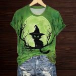 Women's Halloween Witch Cat Print Shirt