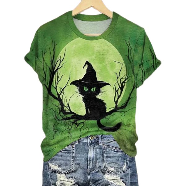Womens Halloween Witch Cat Print Shirt 2