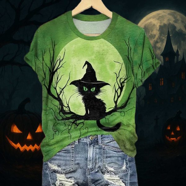 Womens Halloween Witch Cat Print Shirt 3