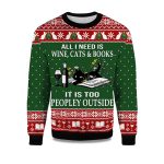 2025 All I Need Is Wine Cats And Books Black Cat Ugly Christmas Sweater