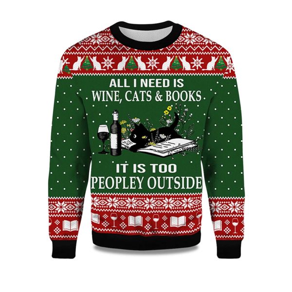 2025 All I Need Is Wine Cats And Books Black Cat Ugly Christmas Sweater 1