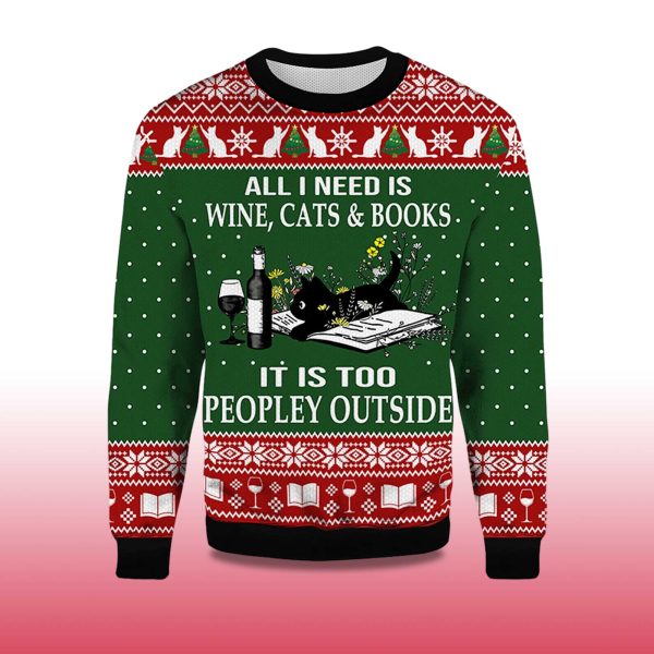 2025 All I Need Is Wine Cats And Books Black Cat Ugly Christmas Sweater 2