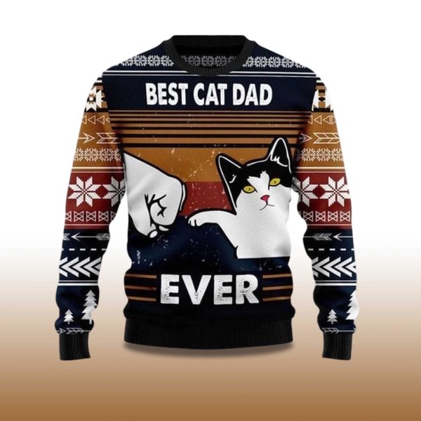 2025 Best Cat Dad Ever Funny Ugly Christmas Sweater 2