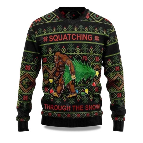 2025 Bigfoot Squatching Through The Snow Ugly Christmas Sweater 1