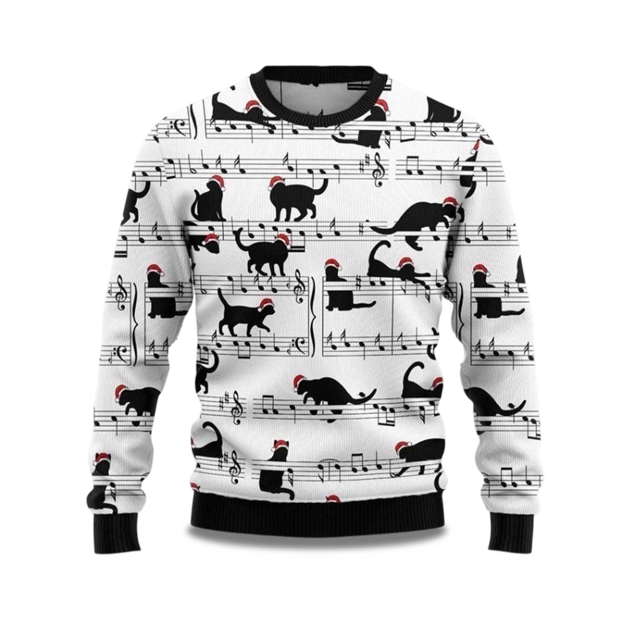 2025 Black Cat Christmas Music Ugly Christmas Sweater 