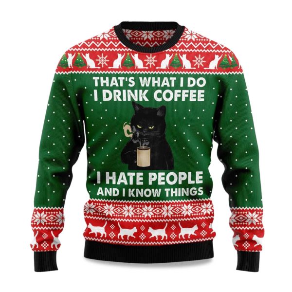 2025 Black Cat Drink Coffee Christmas Ugly Sweater 1