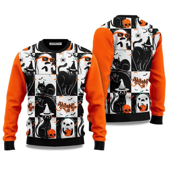 2025 Black Cat Ghost Holiday Halloween Ugly Sweater 1