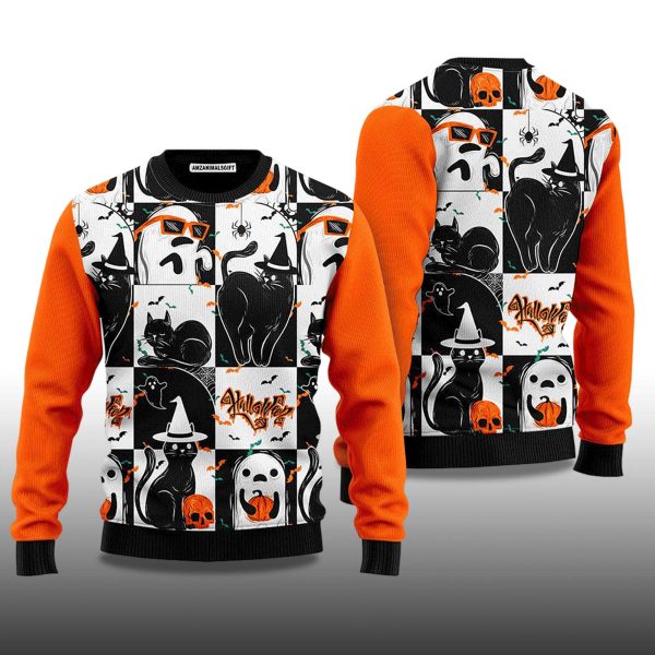 2025 Black Cat Ghost Holiday Halloween Ugly Sweater 2