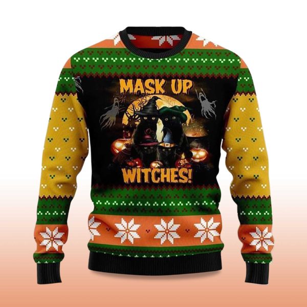 2025 Black Cat Mask up Witches Ugly Christmas Sweater 2