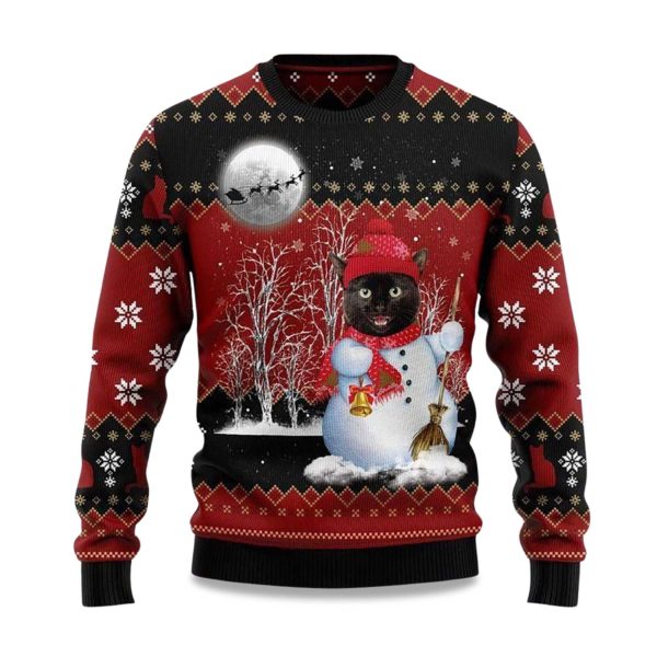 2025 Black Cat Santa Snowman Ugly Christmas Sweater 1