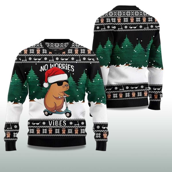 2025 Capybara No Worries Vibes Ugly Christmas Sweater 2