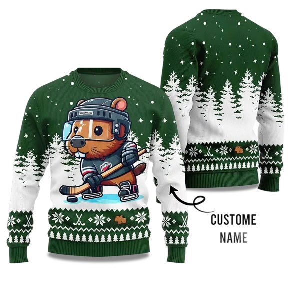 2025 Capybara Playing Hockey Ugly Christmas Sweater 1