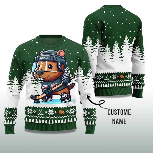 2025 Capybara Playing Hockey Ugly Christmas Sweater 2