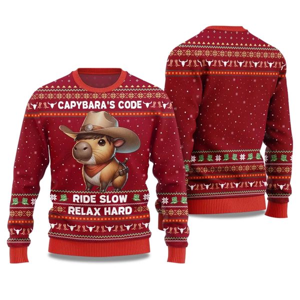 2025 Capybaras Code Ride Slow Relax Hard Ugly Christmas Sweater 1